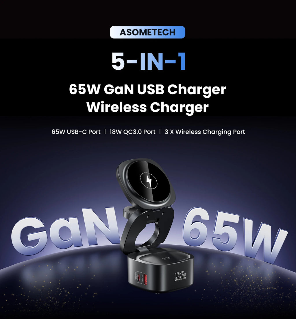 65W GaN USB Type C Wireless Charger Station 5 In 1 USB C PD3 0 QC3 0 For Mackook Phone iPhone 16 AirPods iWatch Wireless Charger