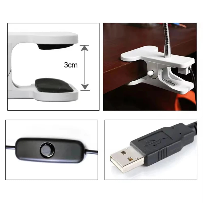 USB LED Reading Lamp Table Lamp Flexible Desk Night Light Clip-on Student Study Lights Bedside Indoor Room Lighting With Switch