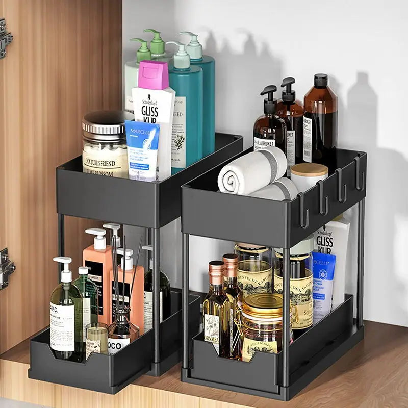 New 2 Tier Pull Out Under Sink Organizer, Sliding Cabinet Storage Shelf with Hooks & Cup, Multipurpose Rack for Kitchen Bathroom