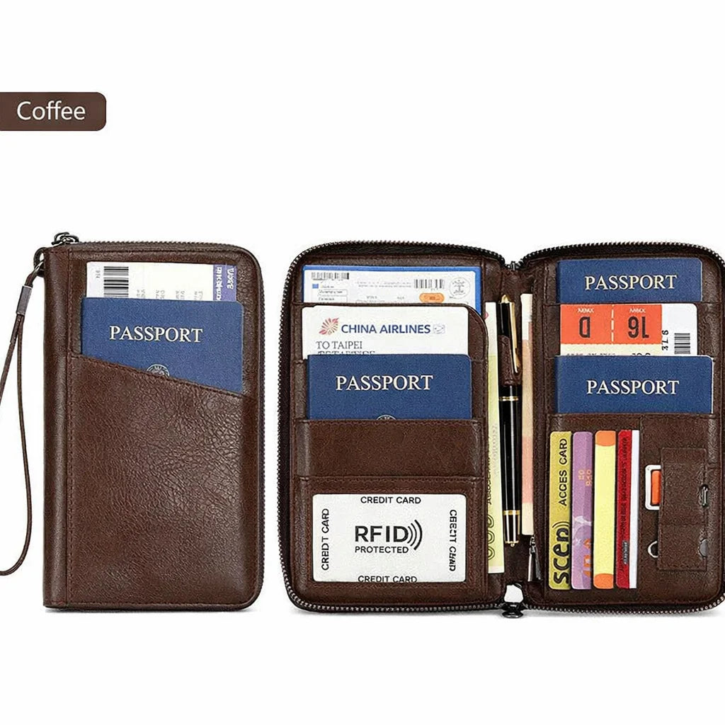 Family Passport Holder for 5, Leather RFID Blocking Multiple Passport Holder Wallet with Zipper, Travel Document Organizer