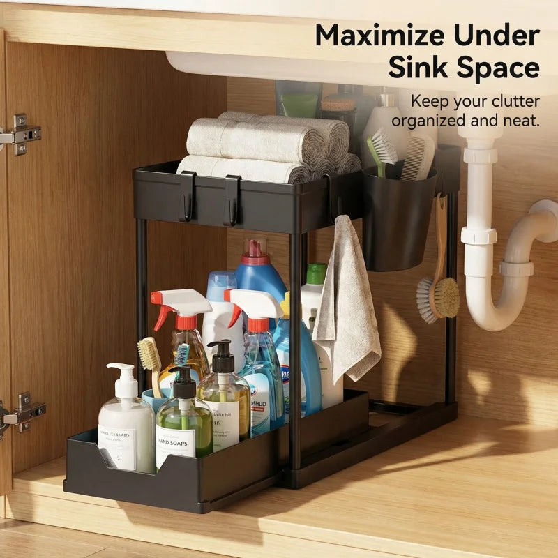 Bathroom Kitchen 2 Tier Under Sink Organizer Sliding Cabinet Storage Basket Rack with Hooks Hanging Cup