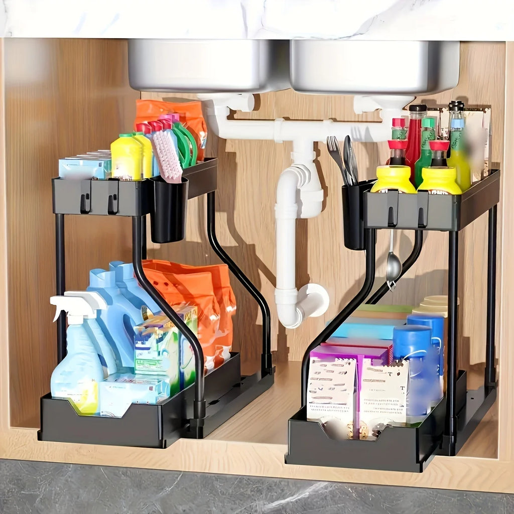 2026 2 Tier Slide Out Under Sink Organizer Large Capacity Space Saving Rack for Kitchen Bathroom Cabinet