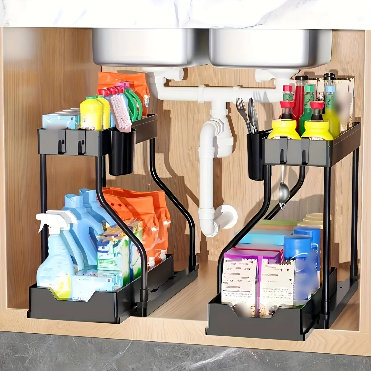 2026 2 Tier Slide Out Under Sink Organizer Large Capacity Space Saving Rack for Kitchen Bathroom Cabinet