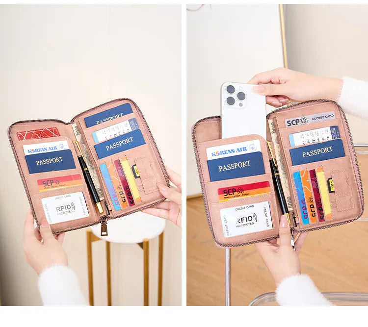 Family Passport Holder for 5, Leather RFID Blocking Multiple Passport Holder Wallet with Zipper, Travel Document Organizer