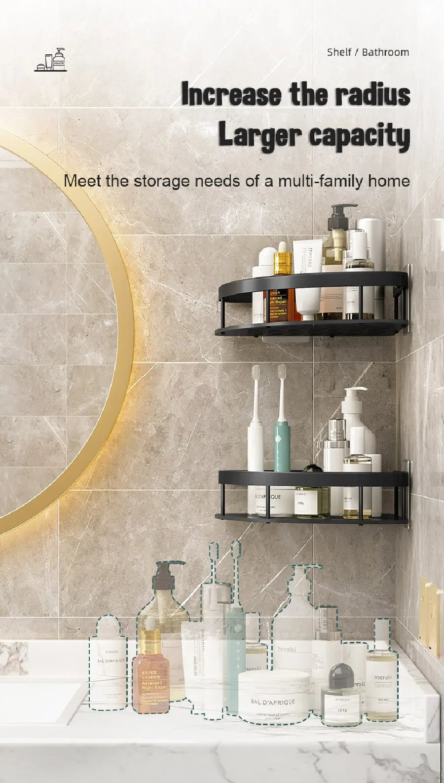 1-3PCS Bathroom Corner Shelf Nail-Free Shower Organizer Wall Mounted Space Aluminum Shelf Bathroom Accessories