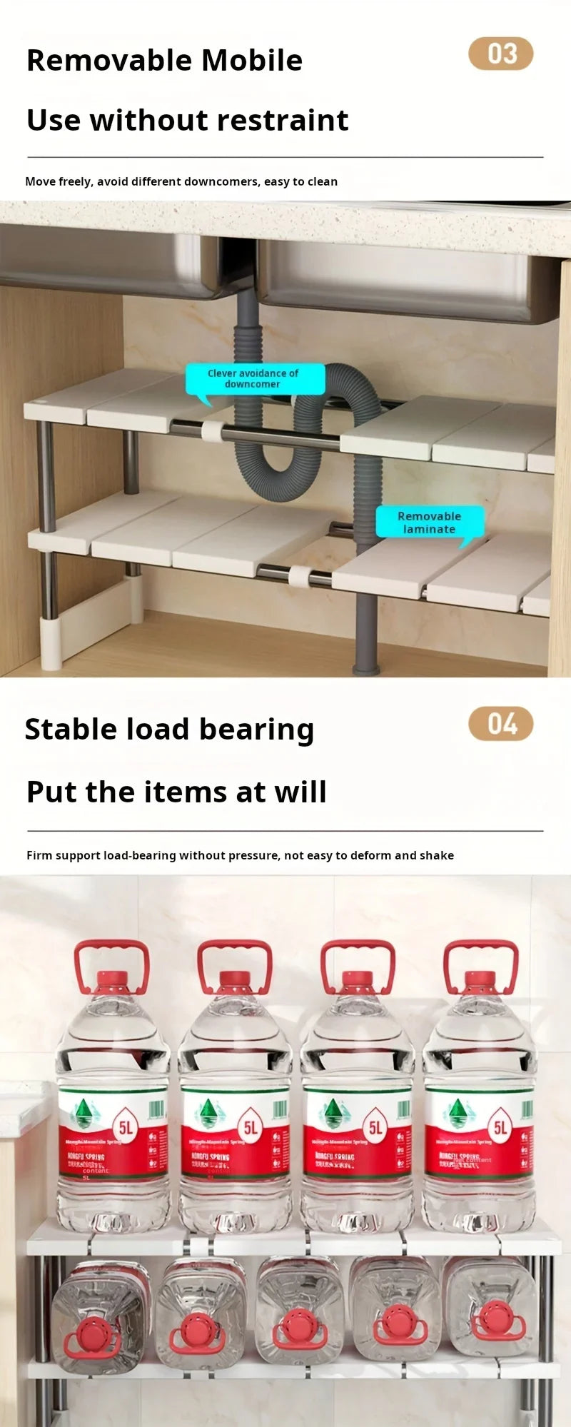 Adjustable Under Sink Storage Rack Expandable Kitchen & Bathroom Cabinet Organizer Durable Space-Saving Multi-Layer Pot Holder