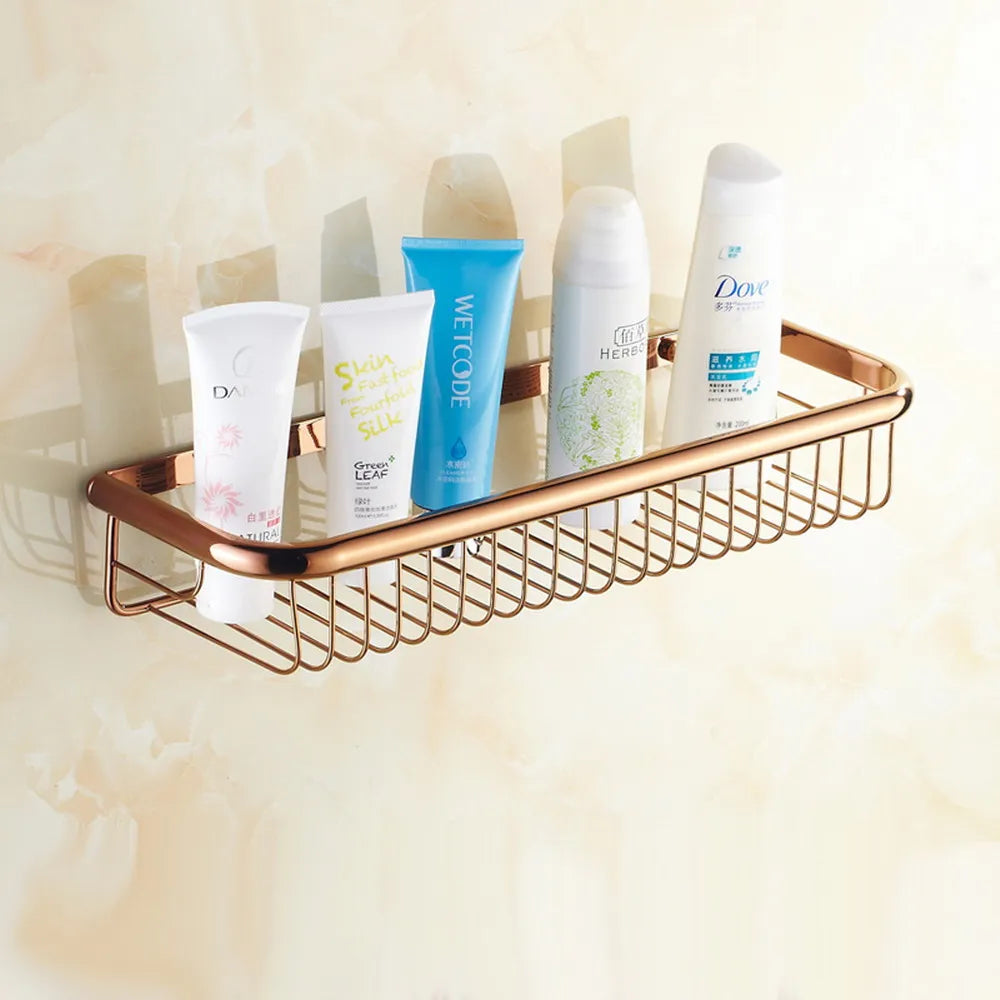Polished Rose Gold Brass Wall Mounted Bathroom Shower Shelf Storage Basket Bathroom Accessory mzh124