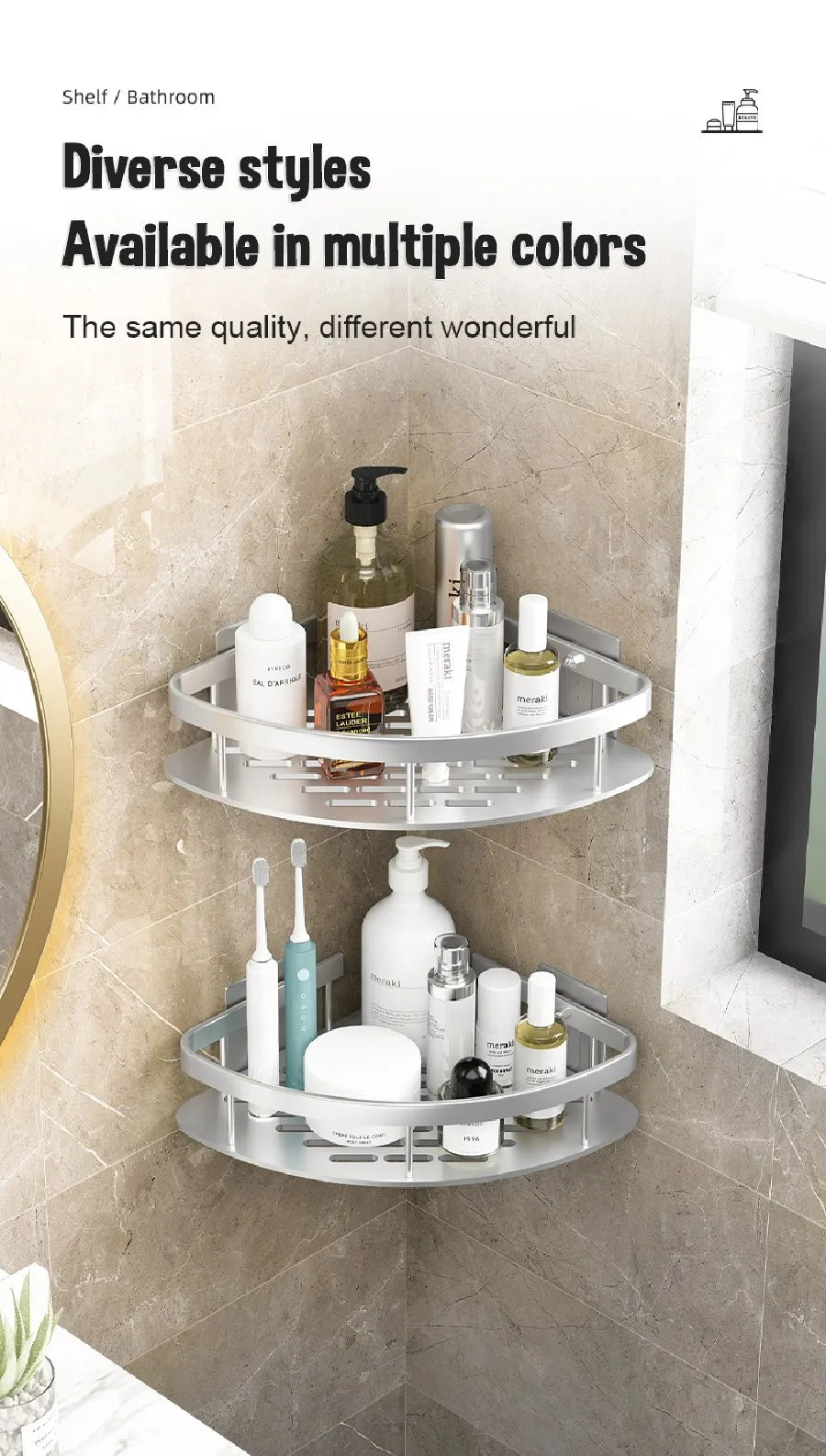 1-3PCS Bathroom Corner Shelf Nail-Free Shower Organizer Wall Mounted Space Aluminum Shelf Bathroom Accessories