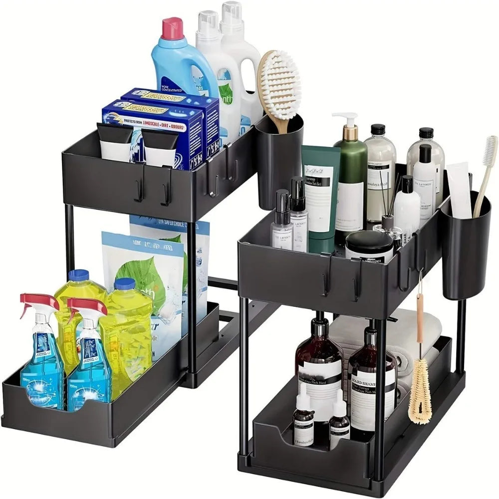 New 2 Tier Pull Out Under Sink Organizer, Sliding Cabinet Storage Shelf with Hooks & Cup, Multipurpose Rack for Kitchen Bathroom