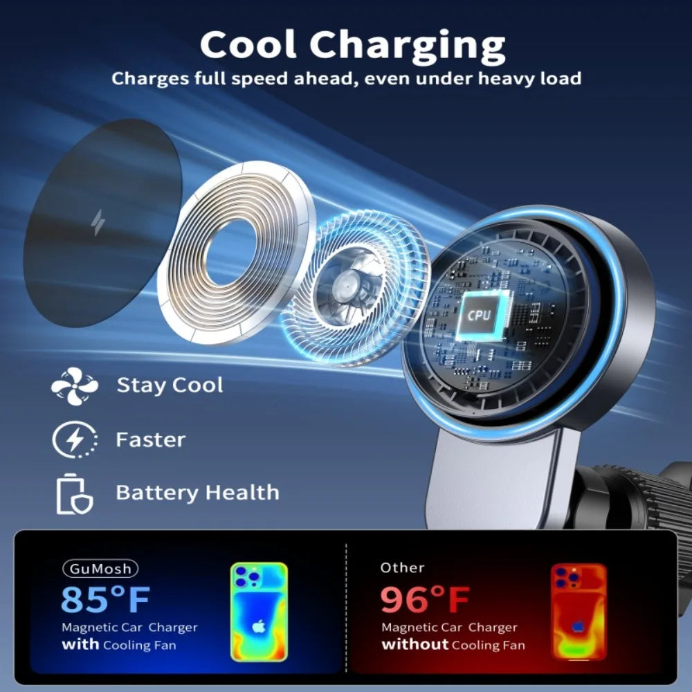 25W Magnetic Wireless Charger with Cooling Fan for iPhone 17/16/15/14/13/12 Car Vent Phone Holder Mount with 63W Cars Chargers