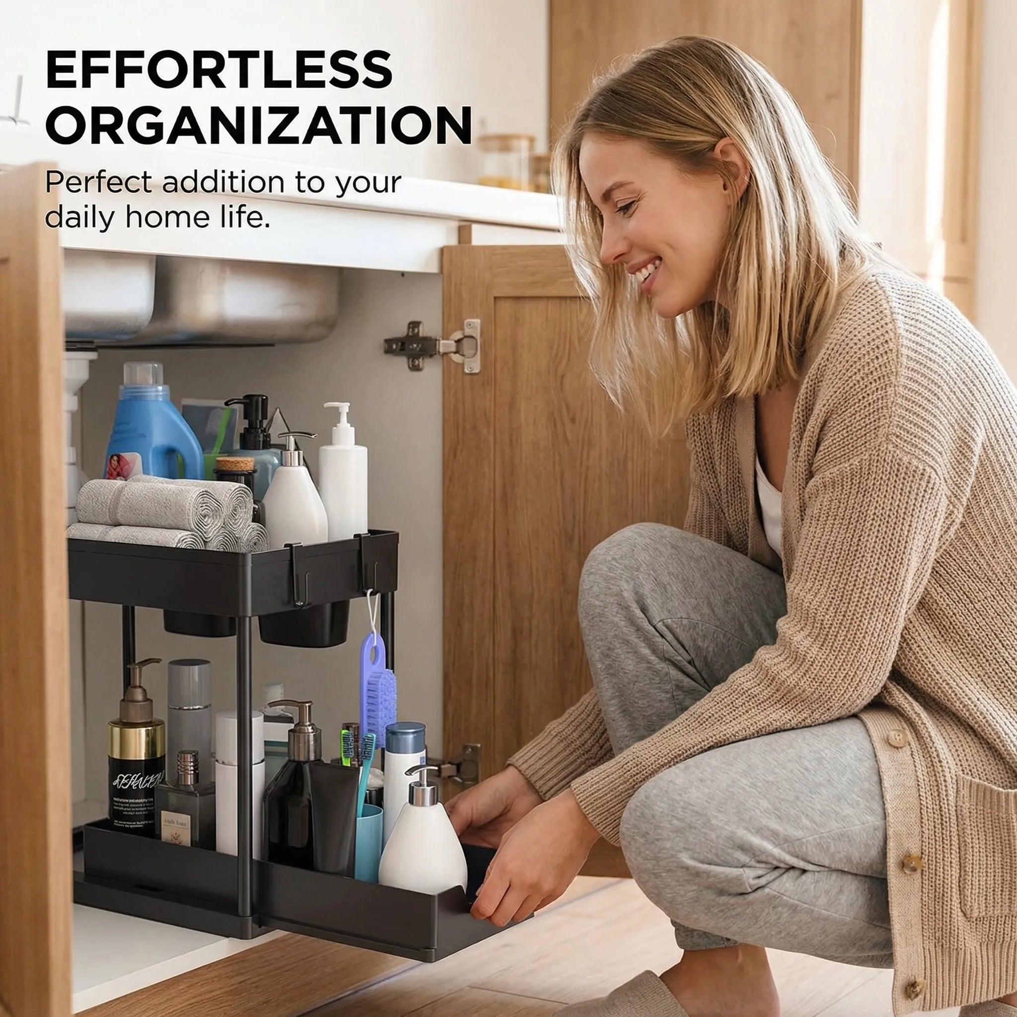 Bathroom Kitchen 2 Tier Under Sink Organizer Sliding Cabinet Storage Basket Rack with Hooks Hanging Cup