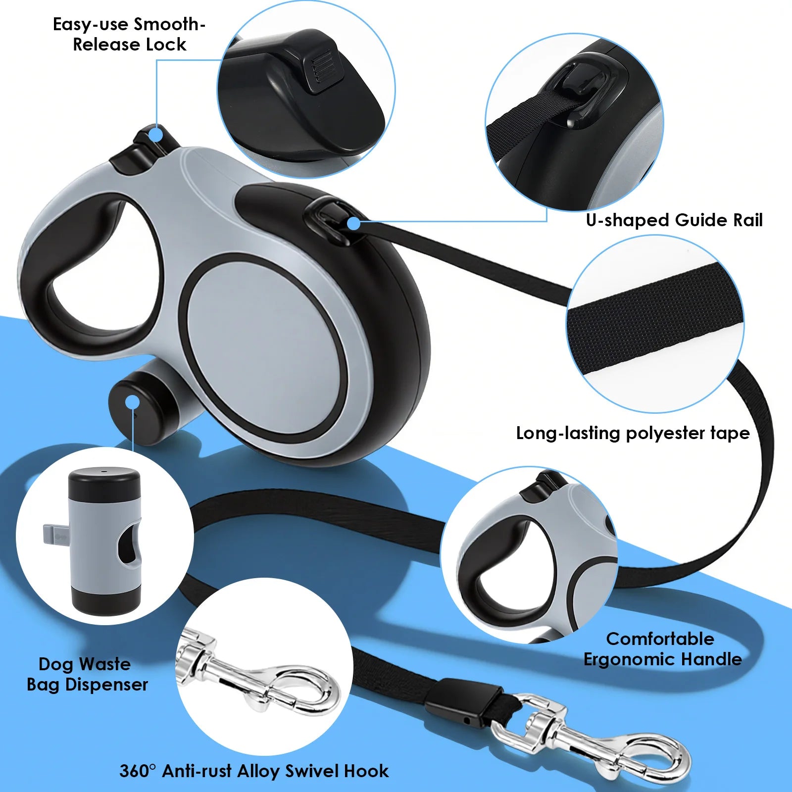 8 M Retractable Dog Leash 3 Mode Automatic Telescopic Dog Leash with Waste Bag and Nonslip Grip Dog Walking Leash Pet Supplies