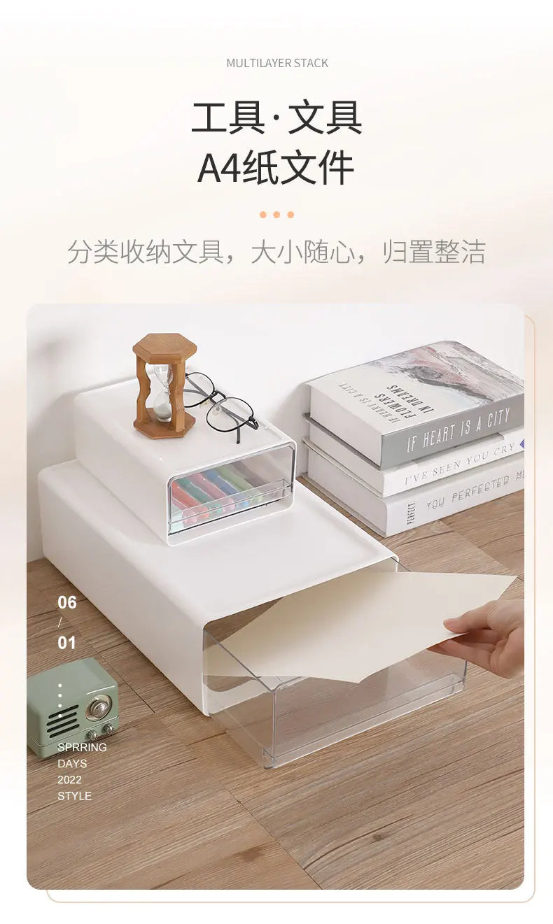 Stackable Drawer Organizer Desktop Storage Box Portable Cabinet for Office & Study Transparent Drawers with Combination Design