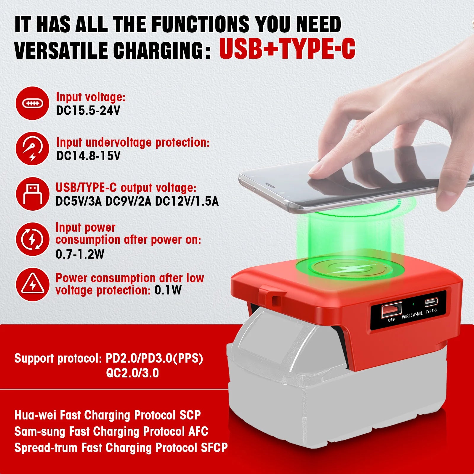 15W Wireless Charger for Makita Dewalt Milwaukee Bosch 18V-20V Battery USB Type-C Fast Charging Adapter PD QC Mobile Phone