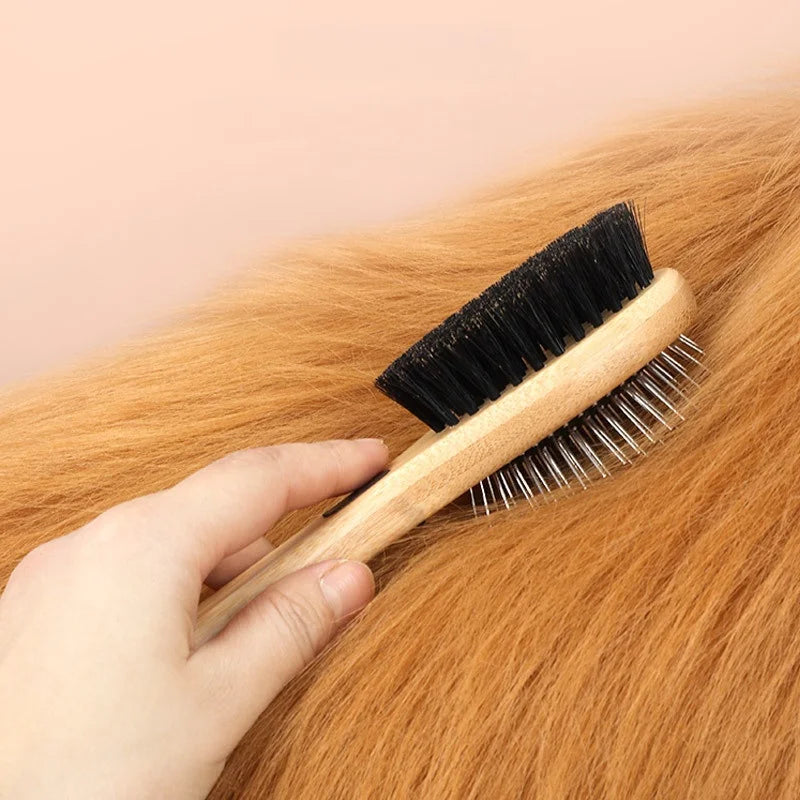 Dual-Sided Boar Bristle Pet Brush: Massage & Deshedding Grooming Tool for Dogs & Cats, Gentle Cleaning and Shine Enhancer