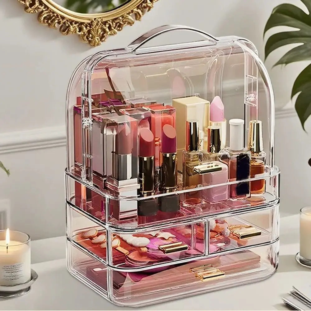 Drawer Style Cosmetics Storage Box with Lid and Handle Dustproof Makeup Storage Rack Clear Desktop Organizer