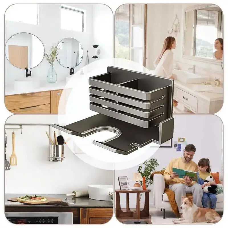 Wall Mounted Bathroom Shelf No Drill Multifunctional Storage Shelves Organizer with Hair Dryer Holder Toilet Cradle