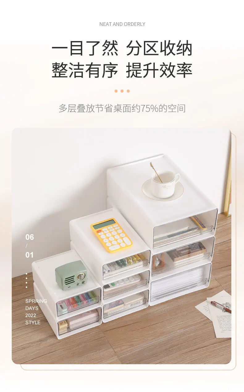 Stackable Drawer Organizer Desktop Storage Box Portable Cabinet for Office & Study Transparent Drawers with Combination Design