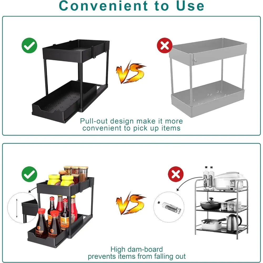 2 Pack 2 Tier Under Sink Organizer with Sliding Basket Multi Purpose Bathroom Cabinet Organizer Under Sink Storage