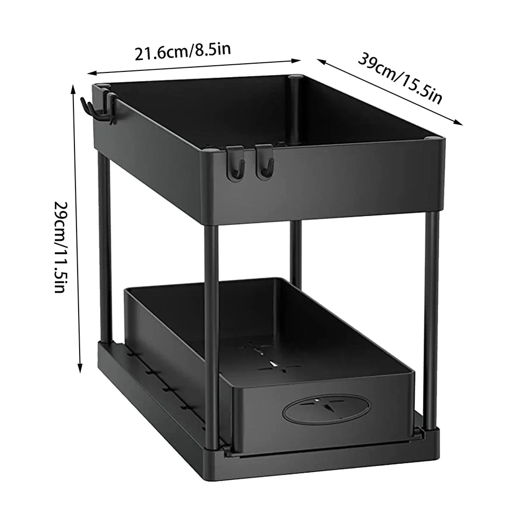 Bathroom Kitchen 2 Tier Under Sink Organizer Sliding Cabinet Storage Basket Rack with Hooks Hanging Cup