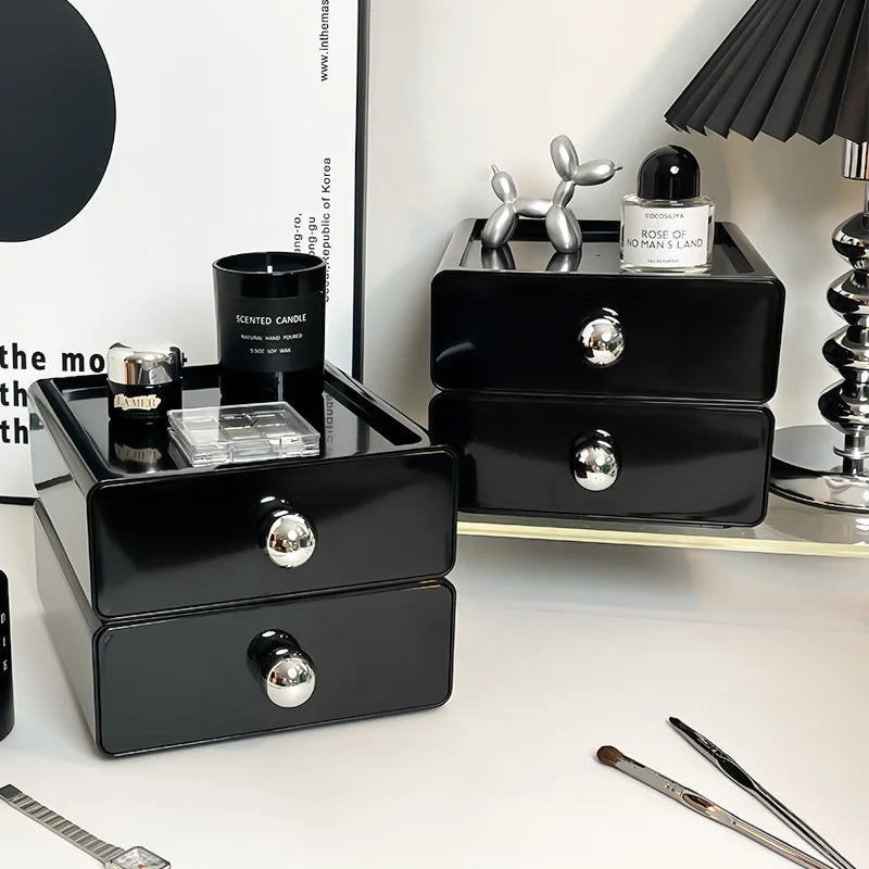 INS Black Desktop Storage Box Drawer Type Storage Organizer Box Dormitory Office Table Shelf For Stationery Sundries Jewelry