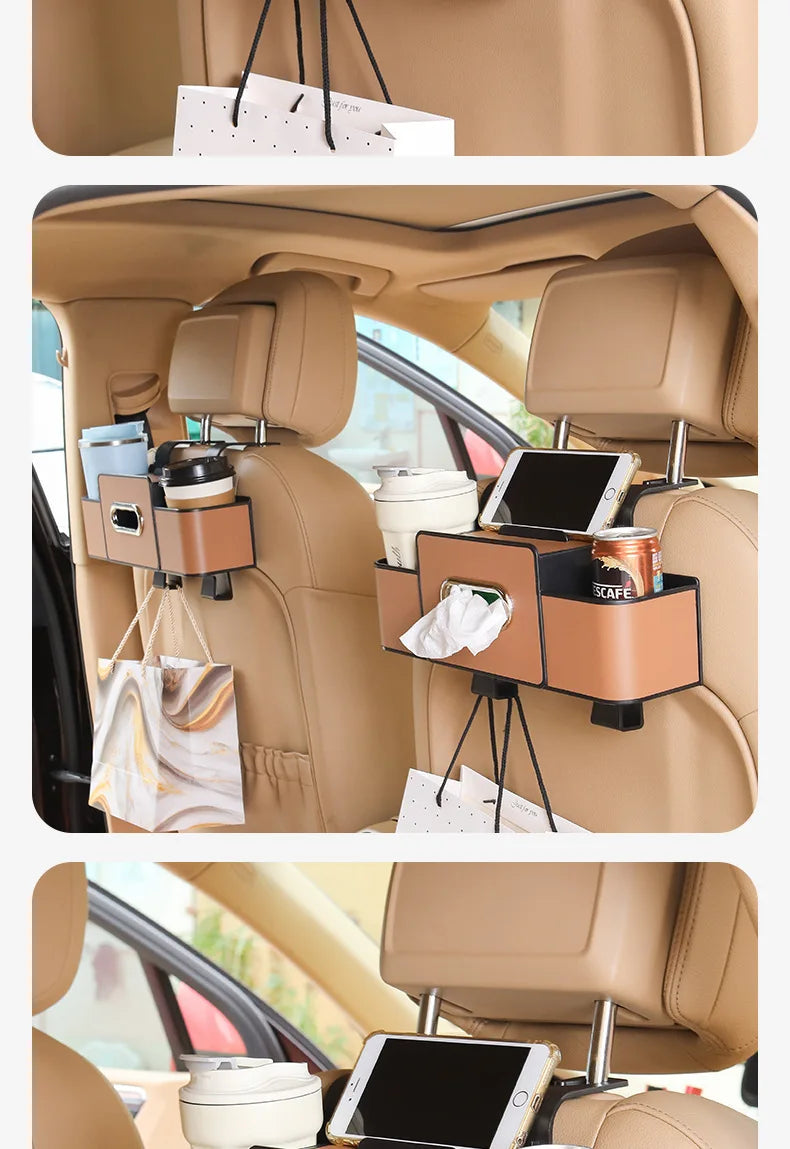 Multifunctional Car Organizer Rear Drainage Holder Storage Hanging Box In Car Bag For Stowing Tidy With Phone Tissue Cup Holder