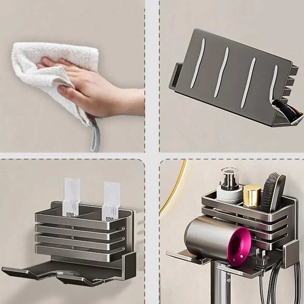 Wall Mounted Bathroom Shelf No Drill Multifunctional Storage Shelves Organizer with Hair Dryer Holder Toilet Cradle