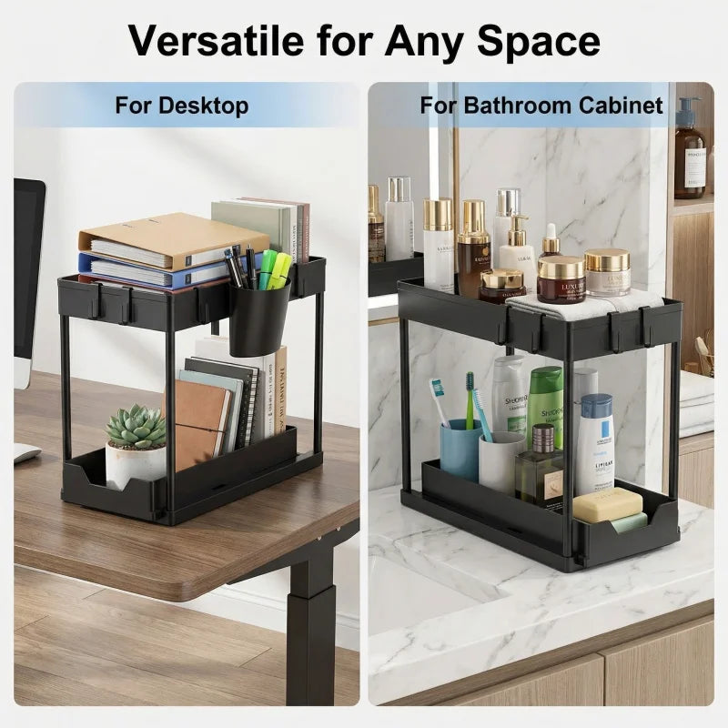 Bathroom Kitchen 2 Tier Under Sink Organizer Sliding Cabinet Storage Basket Rack with Hooks Hanging Cup