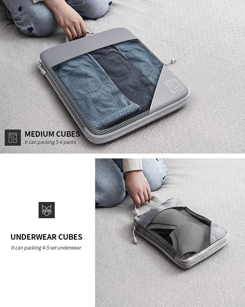 5PCS Travel Compressed Packing Cubes Storage Organizer Set With Shoe Bag Mesh Visual Luggage Portable Lightweight Suitcase Bag