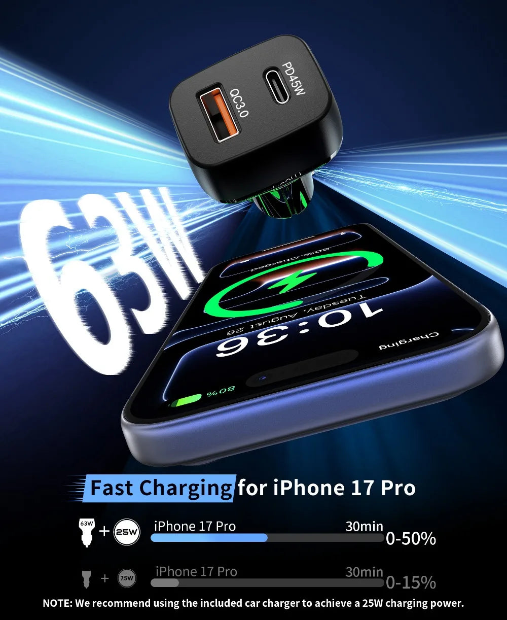 25W Magnetic Wireless Charger with Cooling Fan for iPhone 17/16/15/14/13/12 Car Vent Phone Holder Mount with 63W Cars Chargers
