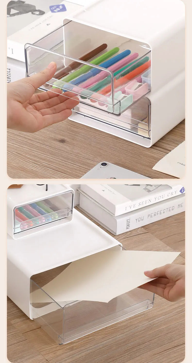Stackable Drawer Organizer Desktop Storage Box Portable Cabinet for Office & Study Transparent Drawers with Combination Design