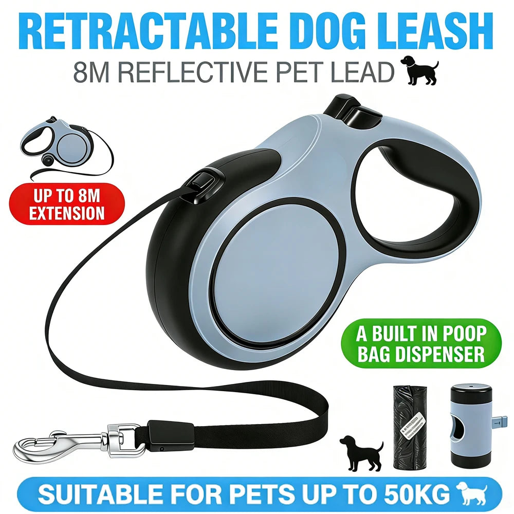 8 M Retractable Dog Leash 3 Mode Automatic Telescopic Dog Leash with Waste Bag and Nonslip Grip Dog Walking Leash Pet Supplies
