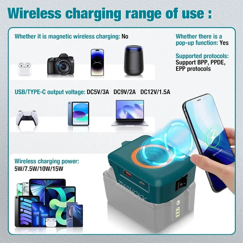 Magnetic wireless charger, for Dewalt/Makita/Milwaukee 18V Li-ion Battery, with USB/TYPE-C, Fast charging battery adapter