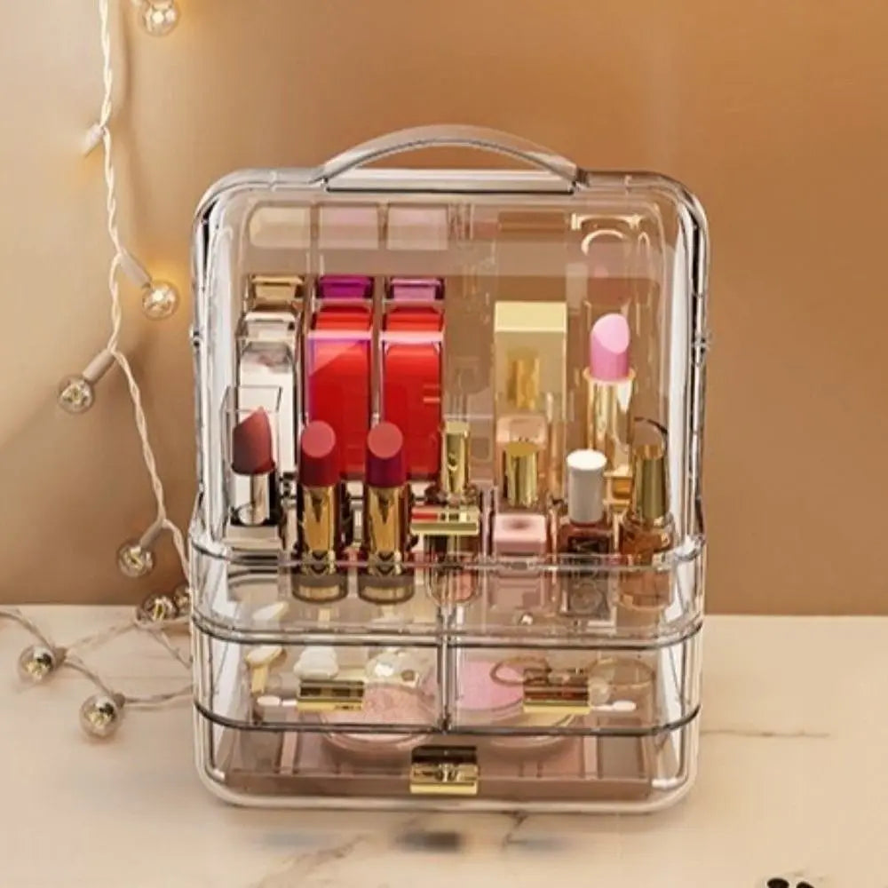 Drawer Style Cosmetics Storage Box with Lid and Handle Dustproof Makeup Storage Rack Clear Desktop Organizer