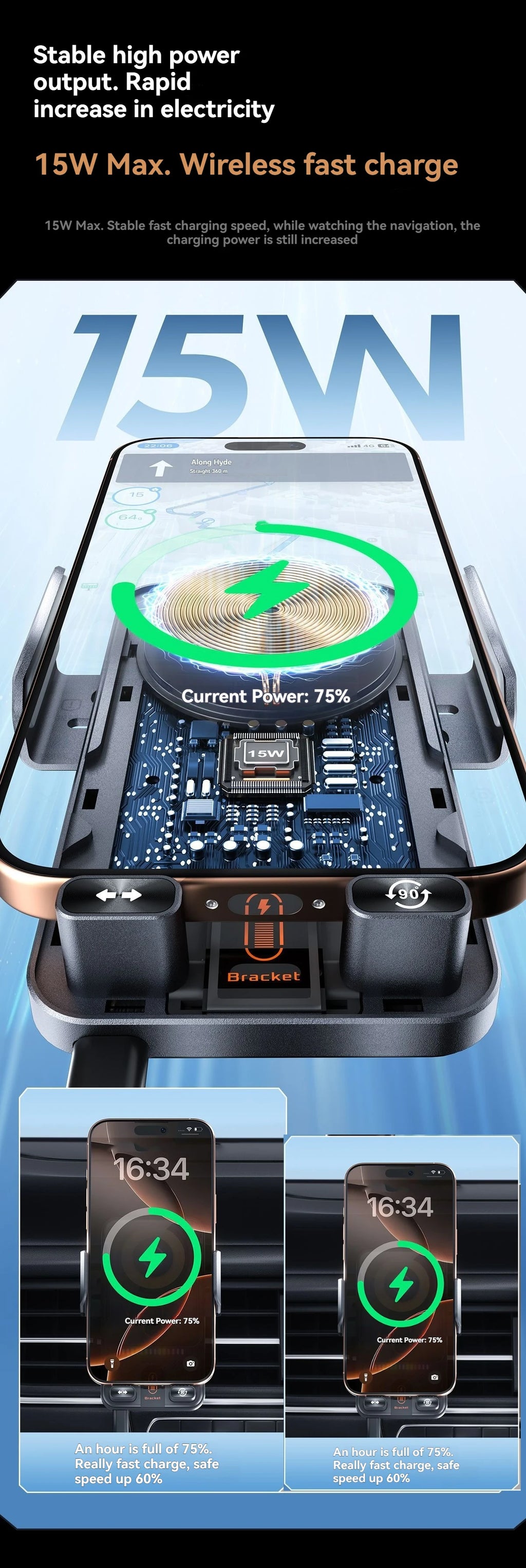 696 Car Holder With Dual Motor Electric Rotating Opening Closing Mobile Phone Holder Wireless Fast Charging Car Phone Bracket