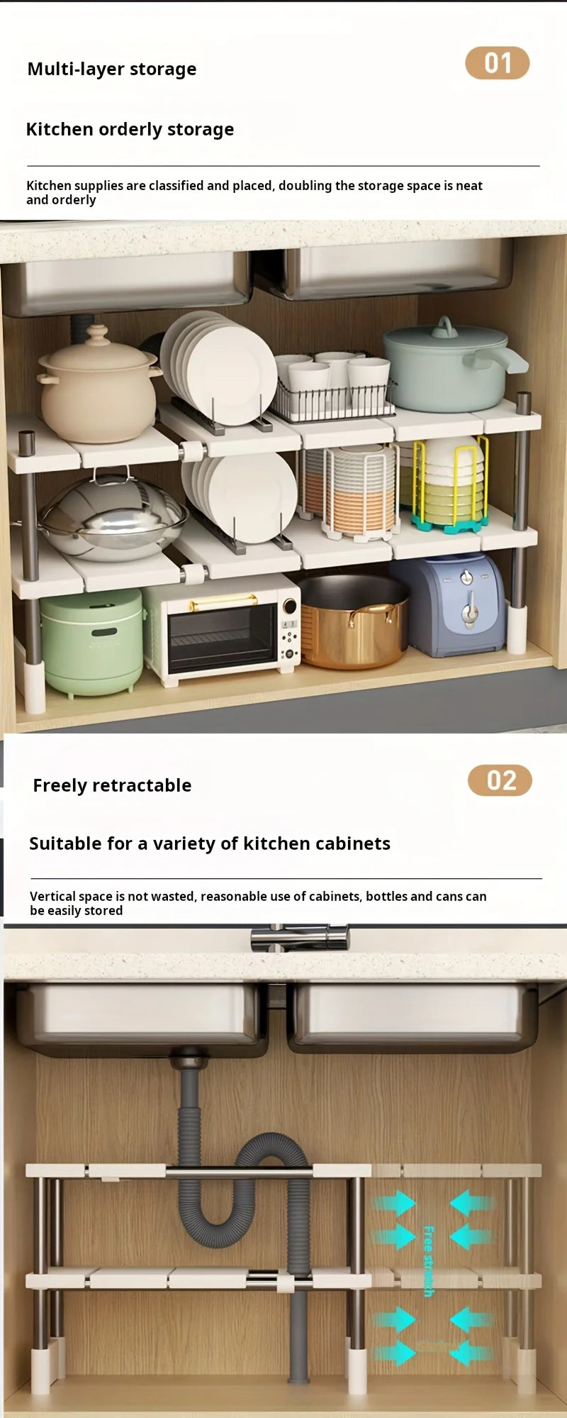 Adjustable Under Sink Storage Rack Expandable Kitchen & Bathroom Cabinet Organizer Durable Space-Saving Multi-Layer Pot Holder