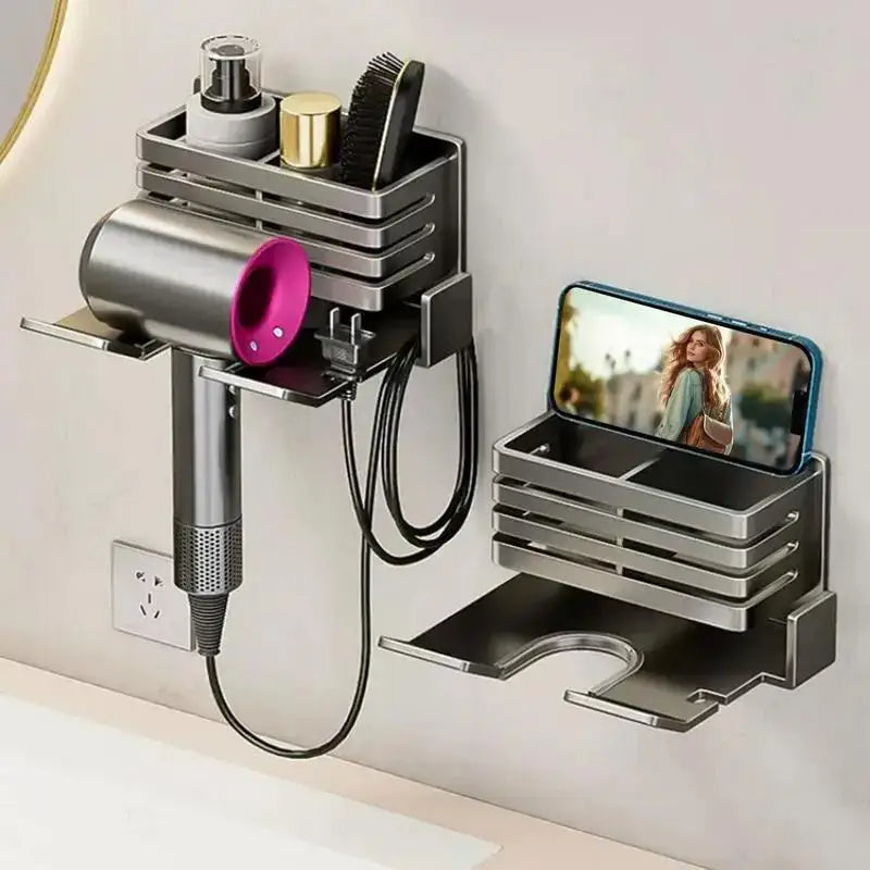 Wall Mounted Bathroom Shelf No Drill Multifunctional Storage Shelves Organizer with Hair Dryer Holder Toilet Cradle
