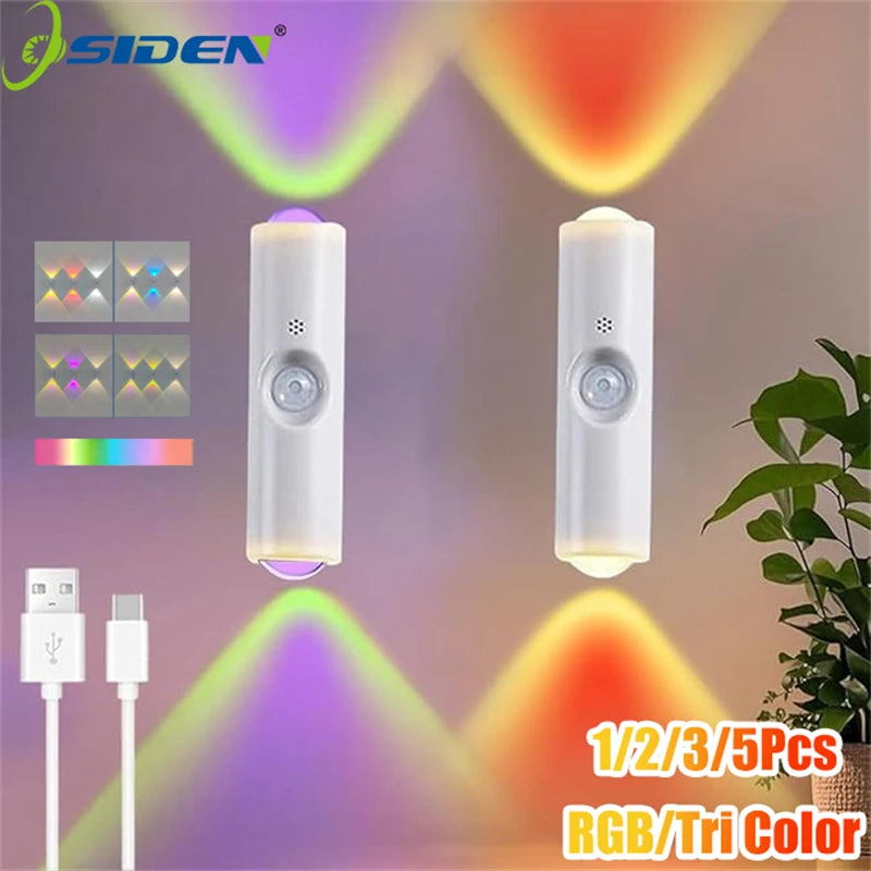 LED Motion Sensor Lights USB Rechargeable Tri-Color/RGB Adjustabl Ambient Light for Kitchen Party Stairs Hallways Night Lights