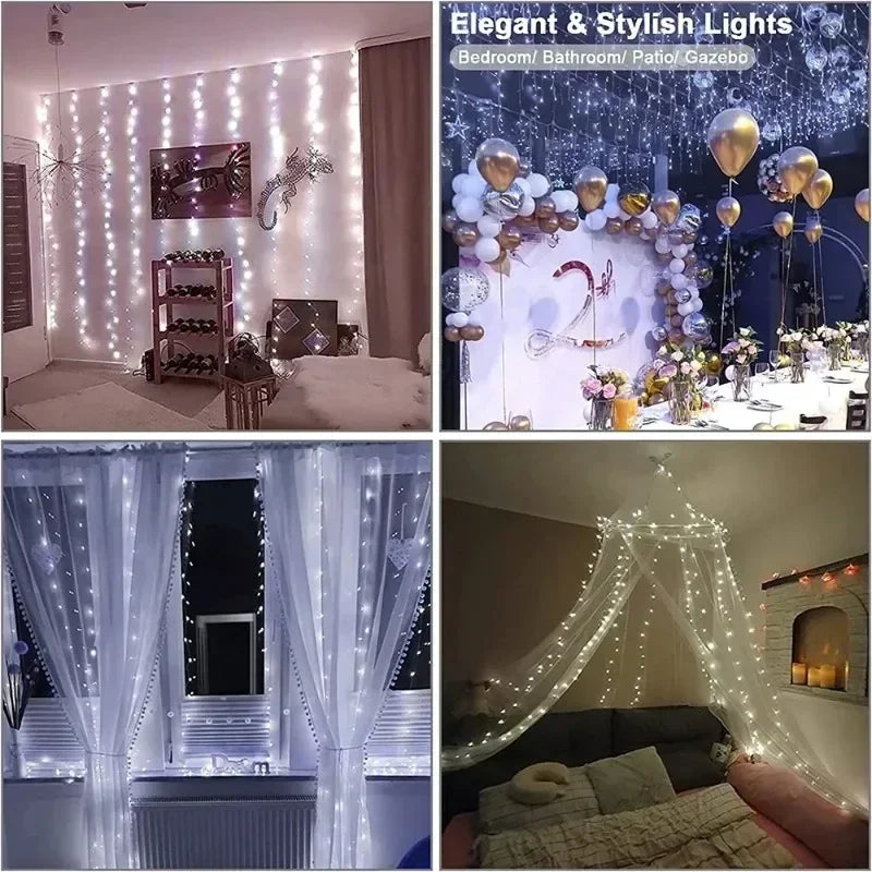 USB Powered LED Curtain Lights 8 Lighting Modes Valentine's Day Ramadan Decoration for Home 2026 Wedding Eid Mubarak Fairy Light