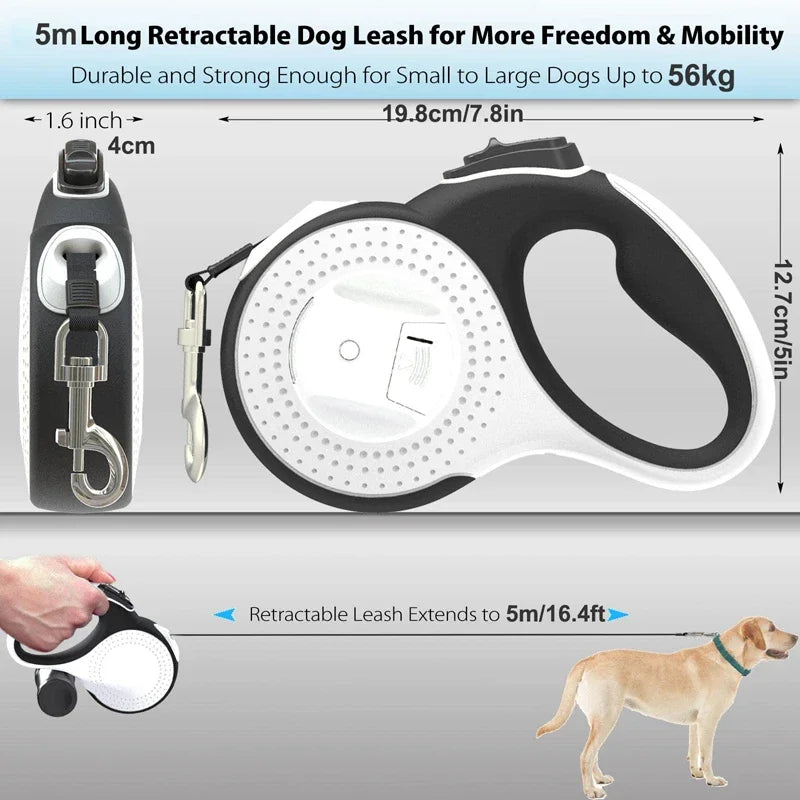 Retractable Dog Leash, Flashlight Anti-Slip Handle Dog Traction Rope for Small Medium Large Dogs, No Tangle Poop Bag Dispenser