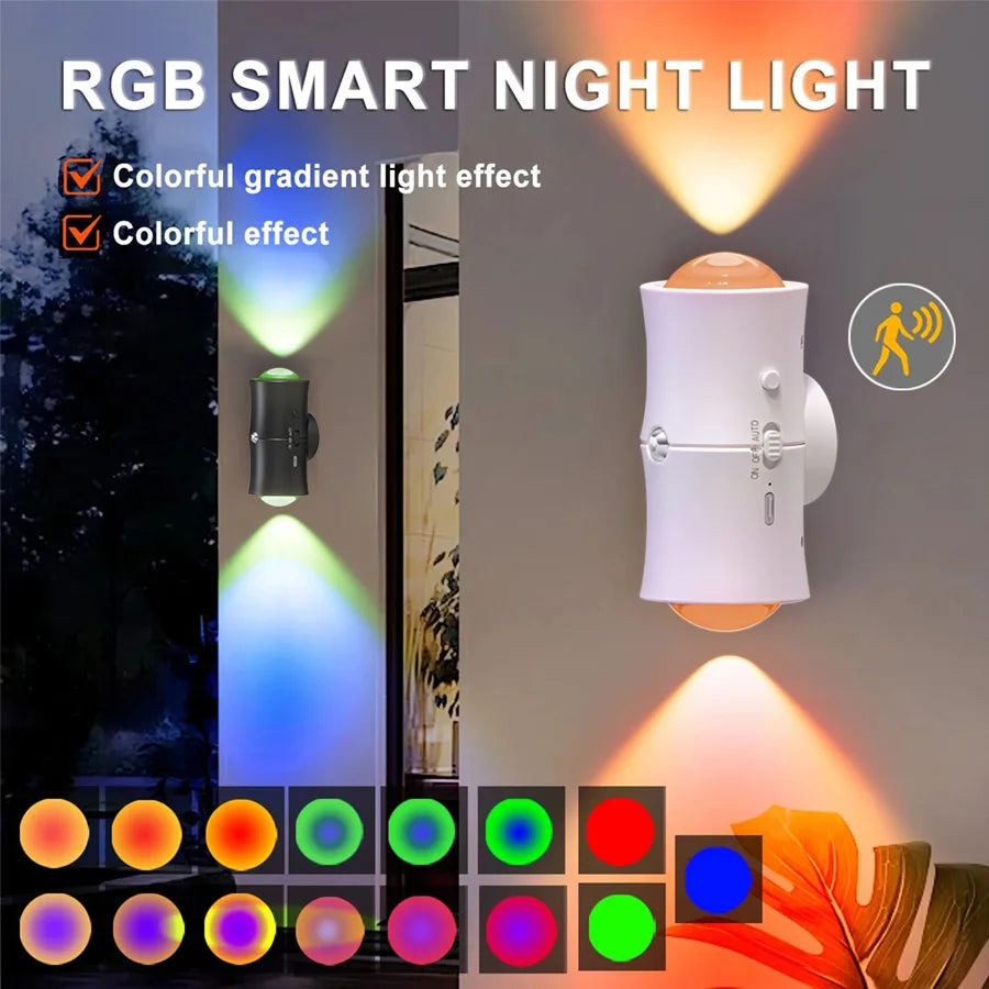 Motion Sensor LED Wall Light Tricolor RGB Rechargeable Double-head Magnetic Spotlight For Bedroom Hallway Stair Ambient Lightin
