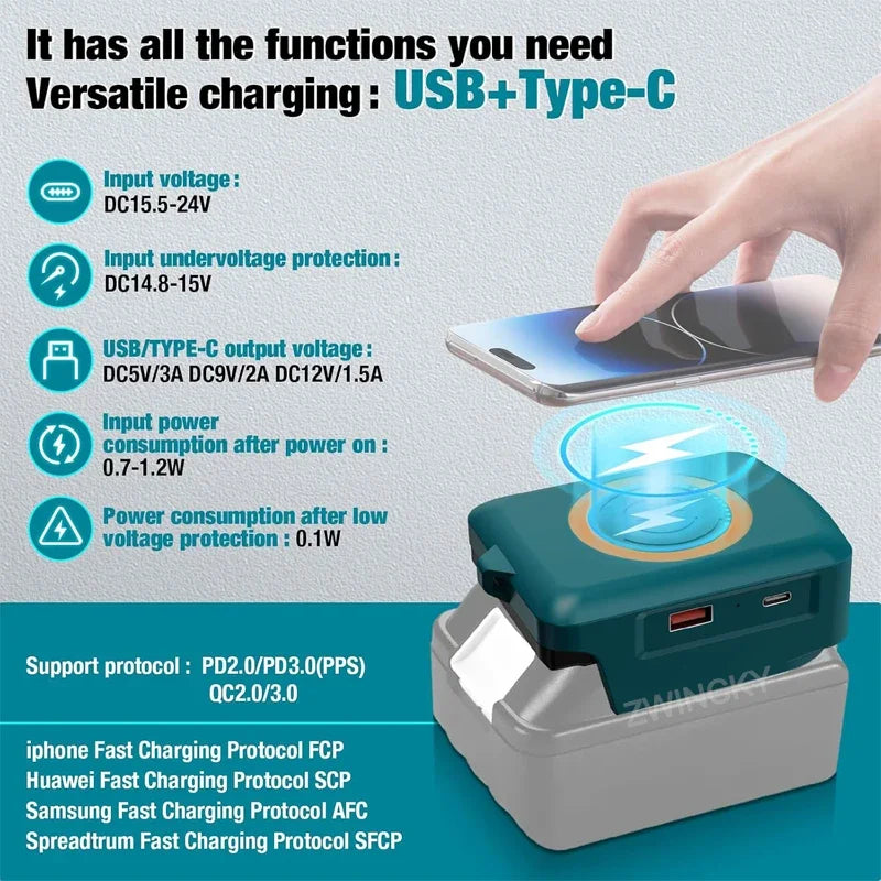 Magnetic wireless charger, for Dewalt/Makita/Milwaukee 18V Li-ion Battery, with USB/TYPE-C, Fast charging battery adapter