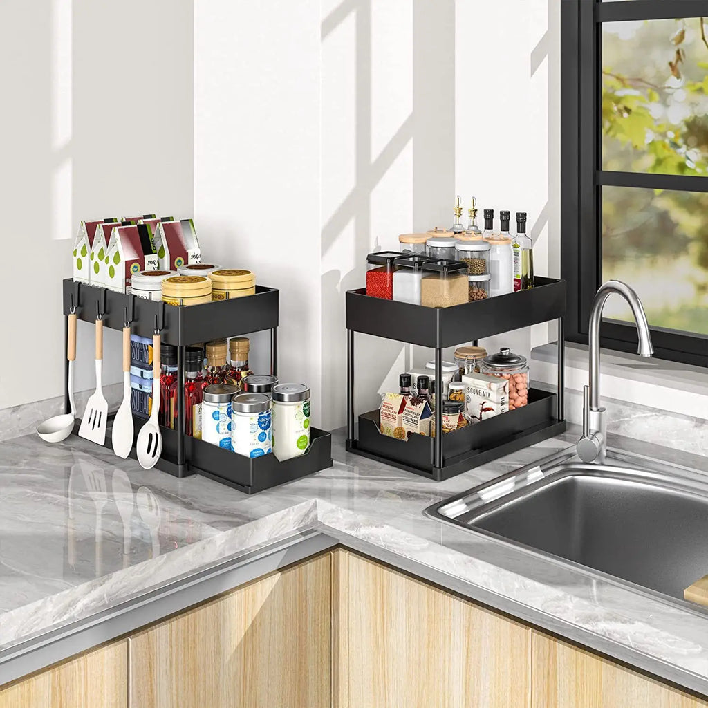 New 2 Tier Pull Out Under Sink Organizer, Sliding Cabinet Storage Shelf with Hooks & Cup, Multipurpose Rack for Kitchen Bathroom