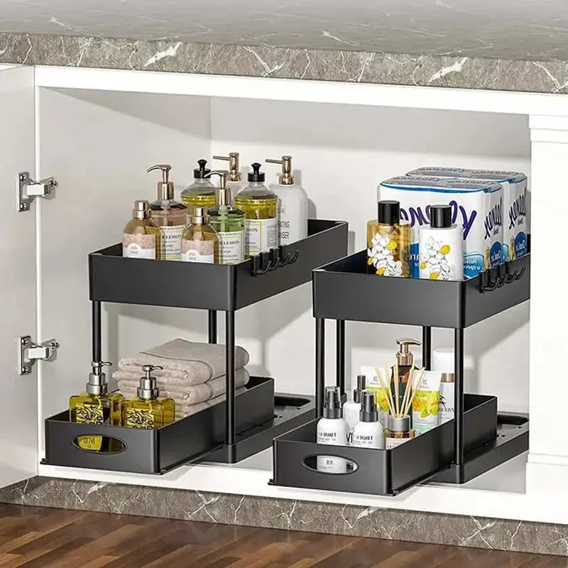Bathroom Kitchen 2 Tier Under Sink Organizer Sliding Cabinet Storage Basket Rack with Hooks Hanging Cup