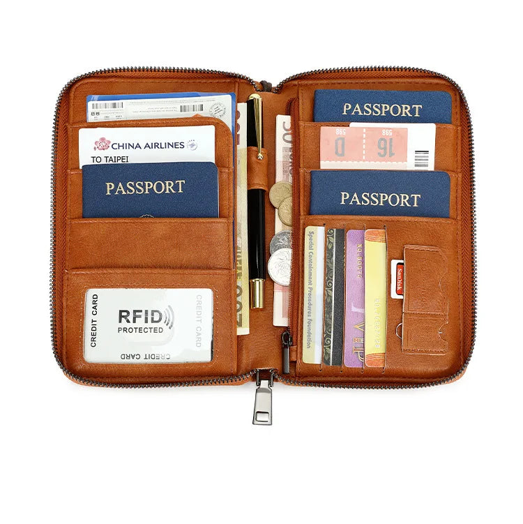 Family Passport Holder for 5, Leather RFID Blocking Multiple Passport Holder Wallet with Zipper, Travel Document Organizer
