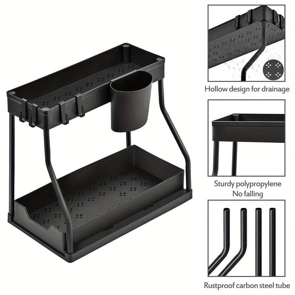 2 Tier Under Sink Organizer, Pull Out Cabinet Storage Shelf with Hooks & Hanging Cup, Space Saving Rack for Kitchen Bathroom