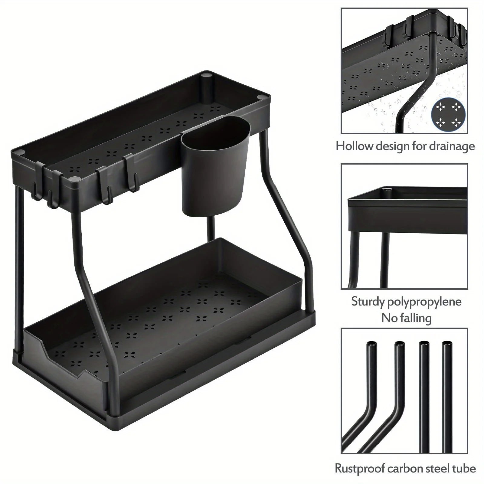 2 Tier Under Sink Organizer, Pull Out Cabinet Storage Shelf with Hooks & Hanging Cup, Space Saving Rack for Kitchen Bathroom