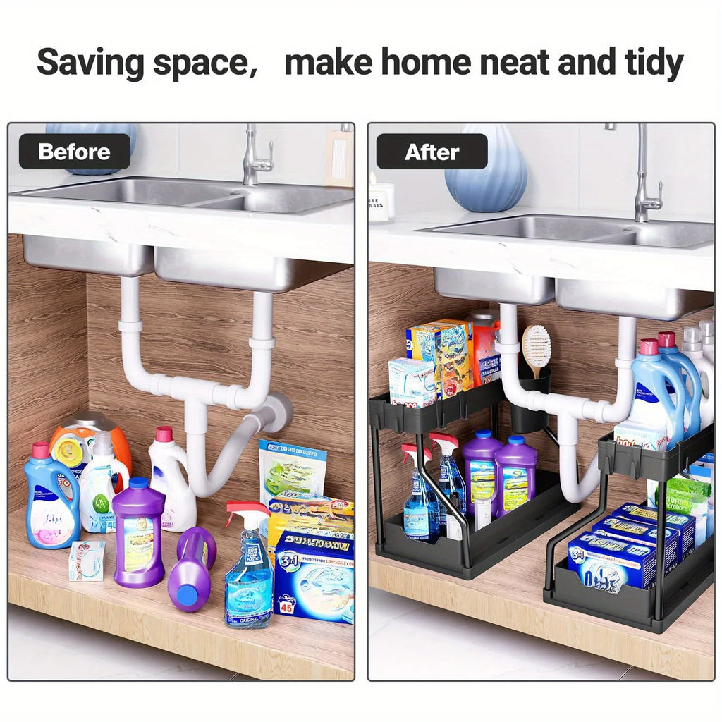 2 Tier Under Sink Organizer, Pull Out Cabinet Storage Shelf with Hooks & Hanging Cup, Space Saving Rack for Kitchen Bathroom