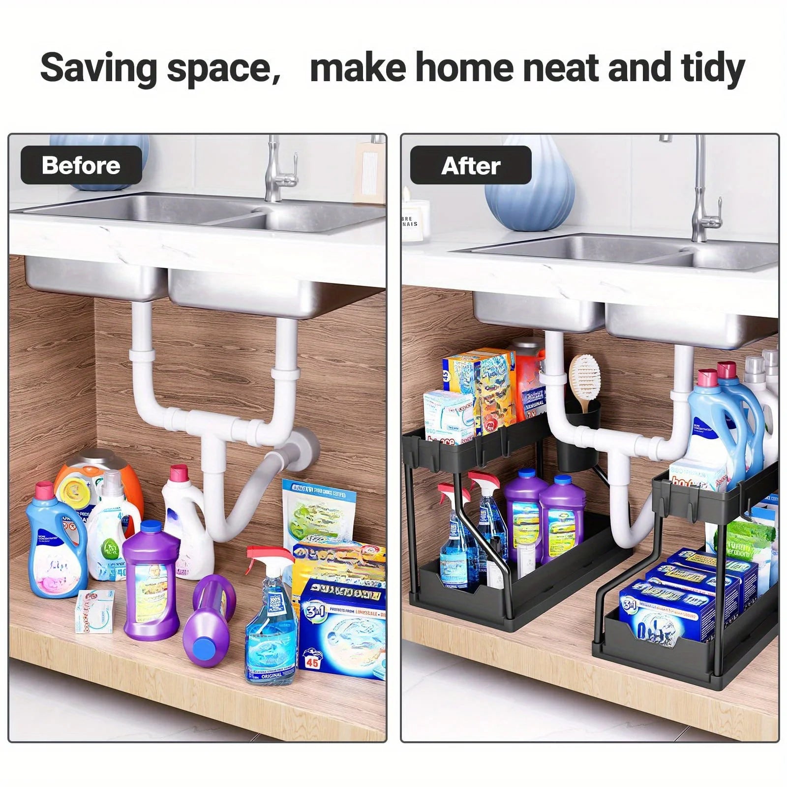 2 Tier Under Sink Organizer, Pull Out Cabinet Storage Shelf with Hooks & Hanging Cup, Space Saving Rack for Kitchen Bathroom