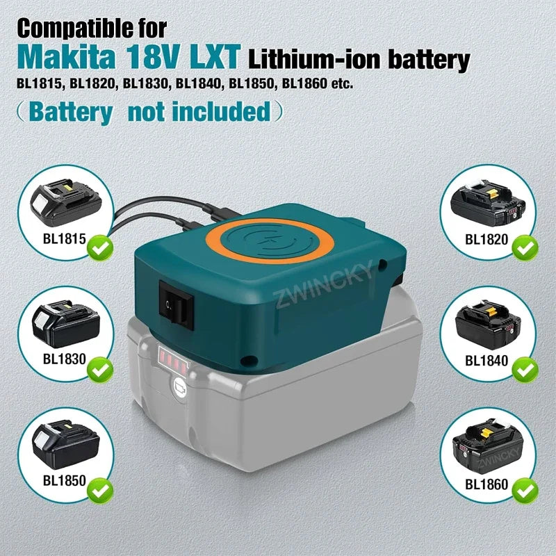 Magnetic wireless charger, for Dewalt/Makita/Milwaukee 18V Li-ion Battery, with USB/TYPE-C, Fast charging battery adapter